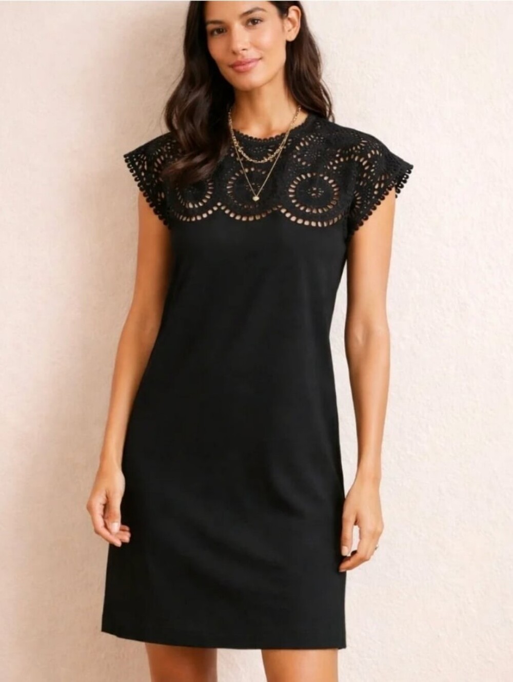 Boden Cutwork Eyelet Embroidered Jersey Shift Dress Sz 10 Black Minimal Chic